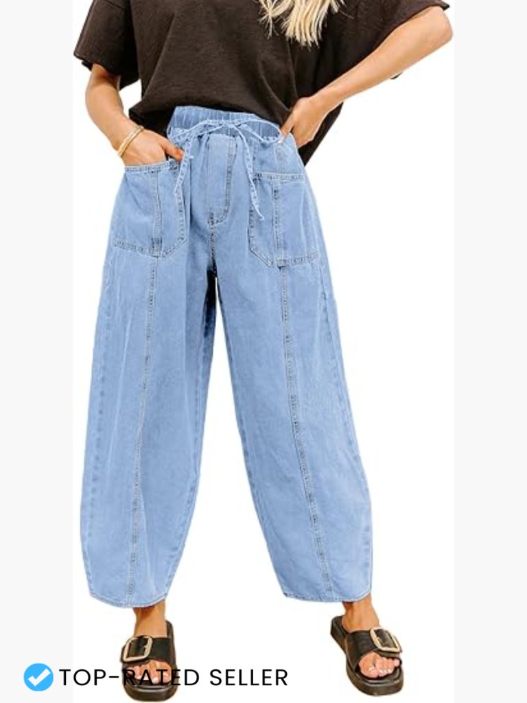 Baggy Wide Leg Jeans Elastic Waist Drawstring Front Seam Ankle High Waisted
